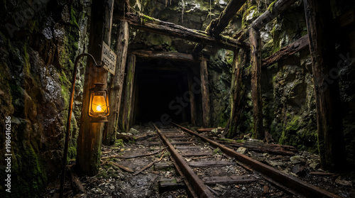 An eerie, abandoned mine shaft with old wooden supports and a single lantern casting a warm glow on the rusty tracks leading into darkness.