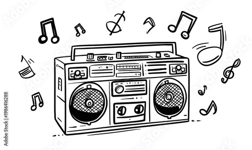 Radio old-fashioned boombox with music coloring page.