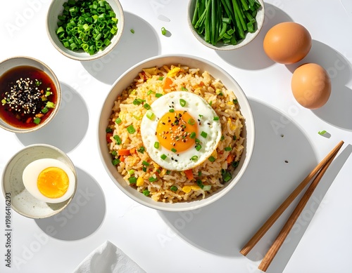 Colorful Fried Rice with Egg and Fresh Ingredients Flat Lay