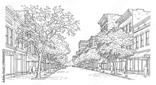 Street sketch with trees and buildings