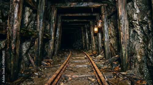 An eerie, dimly lit mine shaft with old wooden supports and rusty train tracks disappearing into darkness.
