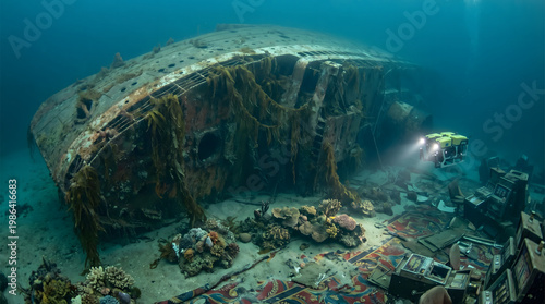Underwater exploration of a large shipwreck, with a remotely operated vehicle illuminating the decaying hull covered in marine growth.