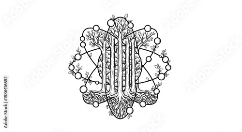 Detailed line art illustration of interconnected trees, roots, and branches forming a circular pattern with spheres, nature science concept.