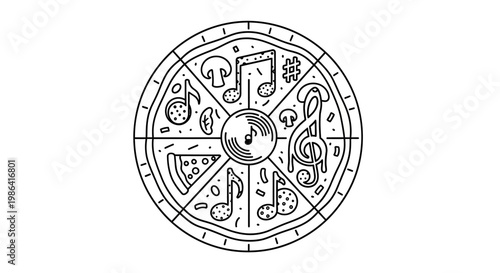Creative line art illustration of a pizza featuring musical notes, a treble clef, and a record, blending food and music concepts.