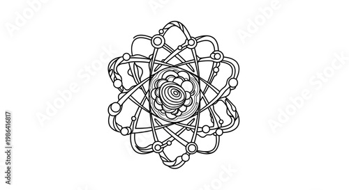 Abstract Atomic Structure Illustration. Intricate Scientific Model with Orbiting Particles, Quantum Physics Concept, Detailed Line Art Drawing.