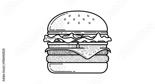 Classic outline illustration of a hamburger with bun, patty, cheese, lettuce, and tomato, perfect for menu design or fast food concept.