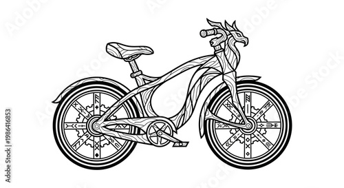 Intricate black and white bicycle illustration, stylized line art bike drawing. Vintage-inspired graphic design element for transport and cycling.