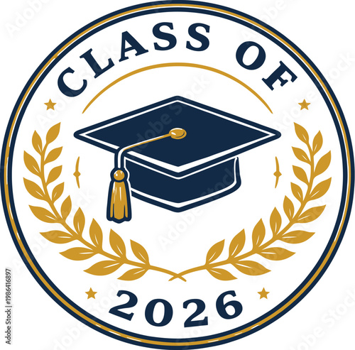 Class of 2026 graduation seal vector, navy blue and gold mortarboard emblem, academic laurel wreath logo design