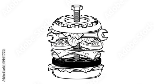 Creative mechanical burger illustration featuring industrial components like nuts, bolts, gears, and wrenches as ingredients, line art