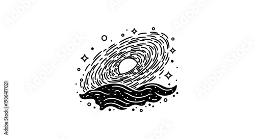 Stylized illustration of a cosmic spiral galaxy or black hole, surrounded by glittering stars and celestial elements, above an abstract dark wave.