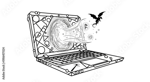 Mystical Laptop with Magic Portal and Flying Fantasy Creature. Digital Art, Imagination, and Creative Technology Concept.