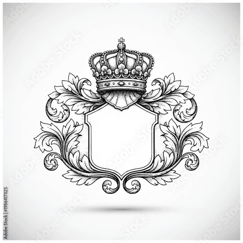 Ornate Royal Crown Emblem with Decorative Flourishes and Shield.