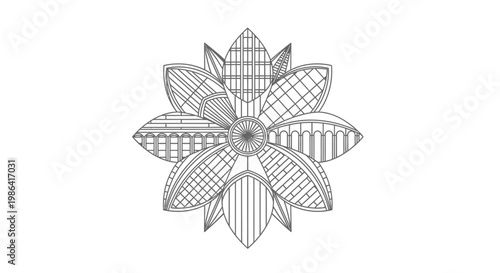 Intricate patterned black and white floral illustration. Abstract mandala flower design for coloring, mindfulness, or decorative art.