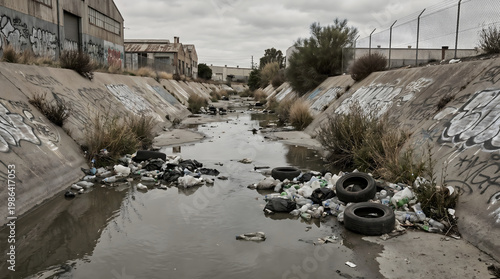 A heavily polluted urban concrete channel filled with stagnant water, discarded trash, and old tires, flanked by dry brush and industrial buildings under an an overcast sky.