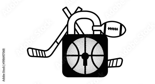 Sports security lock icon with basketball texture, hockey stick, and football, symbolizing athletic protection. Vector graphic.
