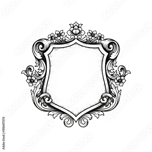 Ornate Shield Emblem with Floral Scrollwork and Crest.
