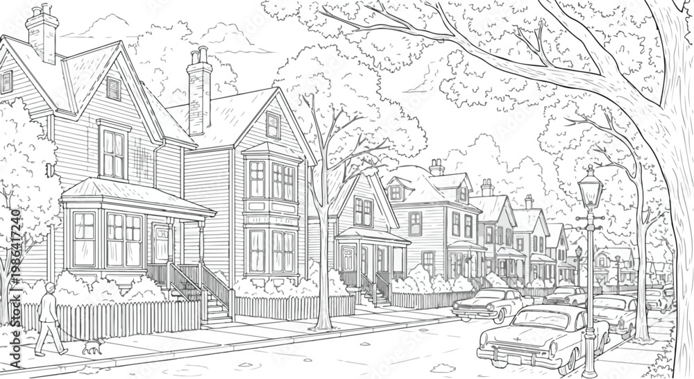 Fototapeta premium Perspective sketch of residential street with trees