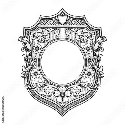 Ornate Vintage Heraldic Shield Emblem with Floral Scrollwork.