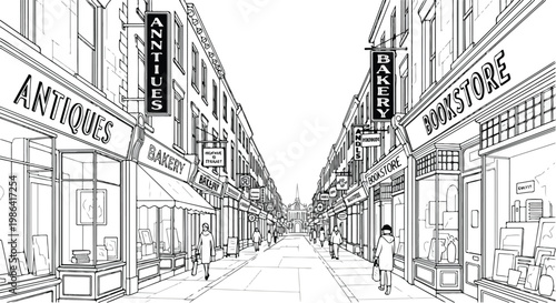 Perspective sketch of narrow city street alley