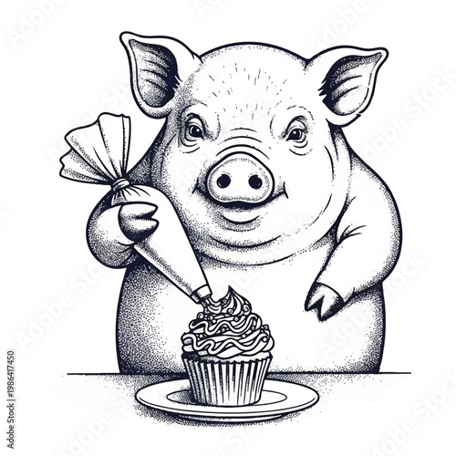 Pig Decorating a Cupcake with Frosting.