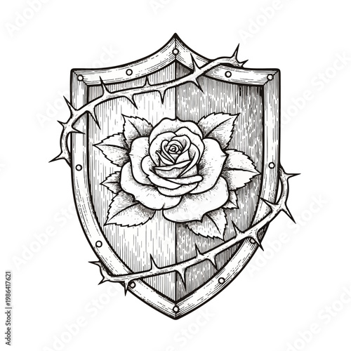 Rose and Thorns Shield Emblem Illustration.