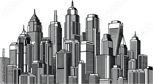 Detailed city skyline skyscraper cluster sketch