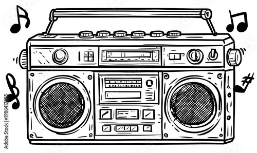 Radio old-fashioned boombox with music coloring page.