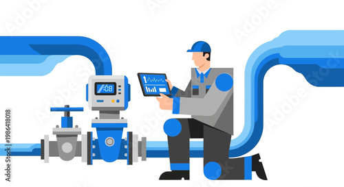 Industrial Technician Monitoring Smart Pipeline Systems with Digital Tablet, Modern Automation and Utility Maintenance Concept Illustration