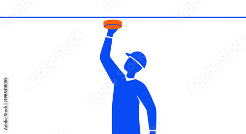Technician Installing Smoke Detector on Ceiling, Professional Fire Alarm Maintenance and Safety Concept Illustration