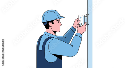 Professional Technician Installing Smart Doorbell Video Camera for Home Security Vector Illustration