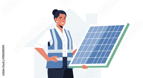 Professional Woman Technician Holding Solar Panel for Residential Installation, Sustainable Clean Energy and Renewable Power Concept Flat Vector Illustration