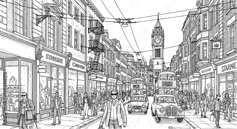 Obraz premium Perspective sketch of urban storefront street