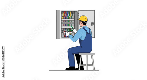 Electrician Technician Working on Electrical Control Panel Maintenance and Wiring Illustration