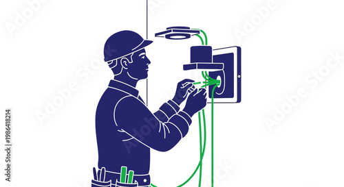 Electrician Technician Installing Electrical Wiring or Fiber Optic Cables, Minimalist Vector Illustration of Maintenance Worker in Hard Hat with Tool Belt