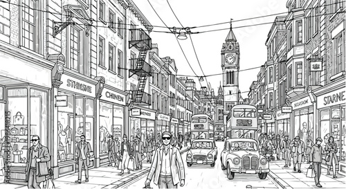 Perspective sketch of urban storefront street