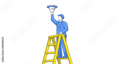 Technician Installing Security Camera on a Ladder, Flat Vector Illustration of a Maintenance Professional in Blue Overalls Setting Up Surveillance Equipment