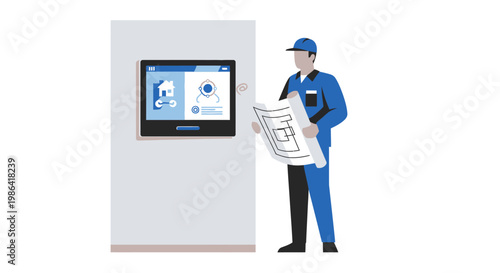 Smart Home Automation Technician Holding Blueprints and Checking Wall-Mounted Digital Control Panel Interface