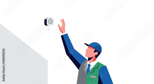 Professional Technician Installing Smart Home Security Sensor on Wall, Minimalist Vector Illustration of Home Automation Service