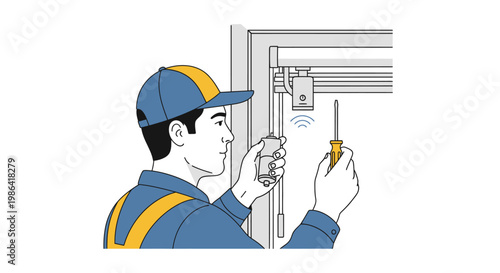 Technician Installing Smart Motorized Window Blinds; Professional Handyman Repairing Electric Roller Shades with Screwdriver, Smart Home Automation Vector Illustration