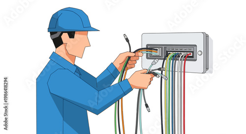 Professional Technician Installing and Organizing Network Cables in a Server Box Illustration