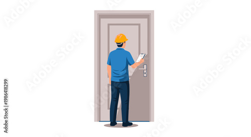 Construction Worker with Clipboard Inspecting a Door, Professional Building Inspector or Maintenance Service Concept, Vector Illustration Isolated on White
