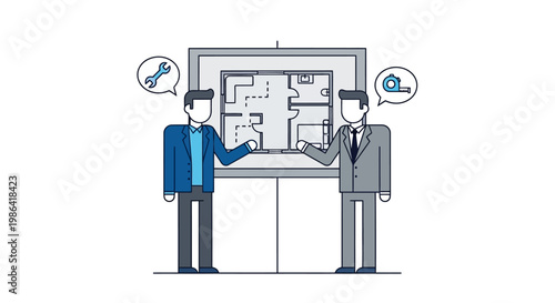 Professional Architects and Engineers Discussing House Floor Plan and Construction Blueprints Illustration
