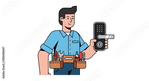 Professional Locksmith Holding Modern Smart Digital Door Lock with Tool Belt Illustration