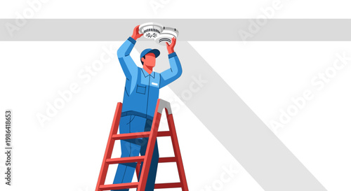 Technician in Blue Uniform Installing Smoke Detectors on Ceiling using a Ladder. Professional Fire Safety Maintenance and Alarm System Installation Concept Illustration.