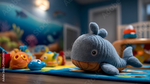 Soft Plush Toy Whale on Play Mat Surrounded by Colorful Play Accessories