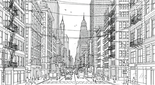 Perspective sketch of narrow city street alley