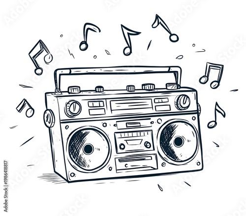 Radio old-fashioned boombox with music coloring page.