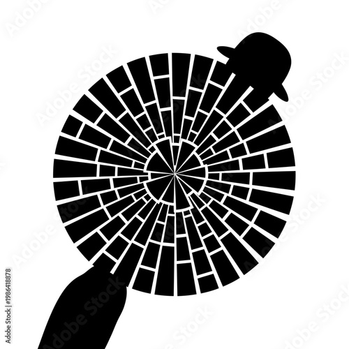 Enigmatic Bowler Hat and Bottle Silhouettes Contrasted with a Fractured Circular Pattern, Symbolizing Disruption and Thought