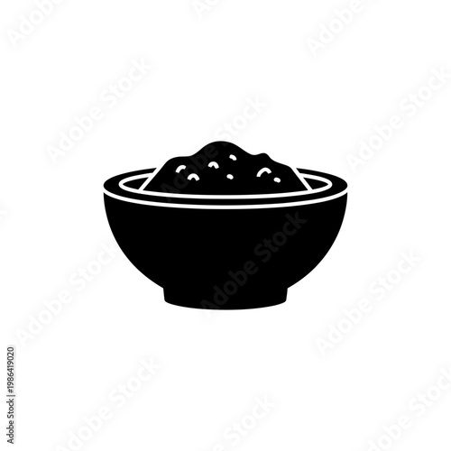 A simple black and white silhouette illustration of a bowl filled with a granular substance