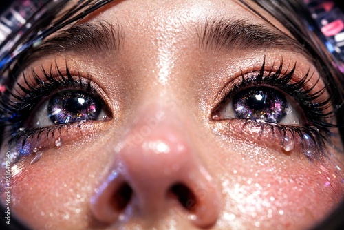 Extreme close-up of dewy, glitter-adorned eyes with shimmering tears and long mascara-coated lashes reflecting multicolored lights, glossy skin texture and an emotive upward gaze